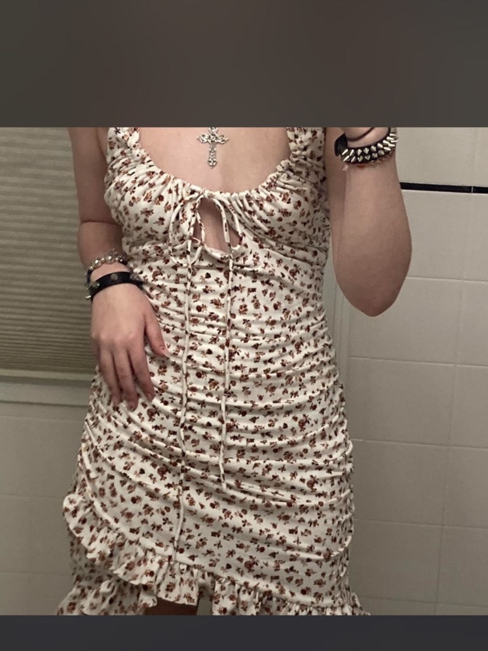 Urban Outfitters Cream Floral Ruched Tie-Front Mini Dress